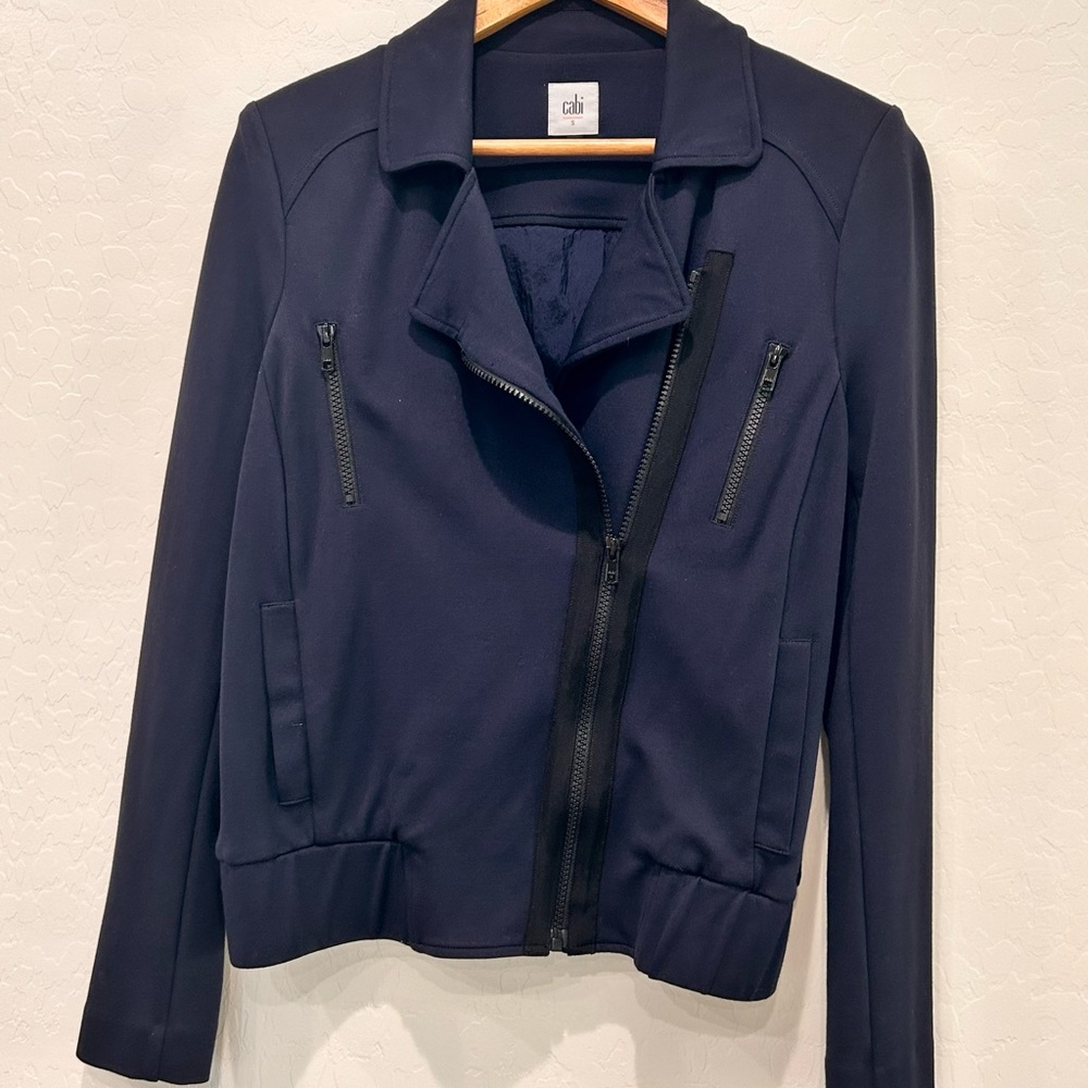 CABI  Chance Moto Jacket Navy Blue Style #5476 Shoulder Pads Size Small NWT